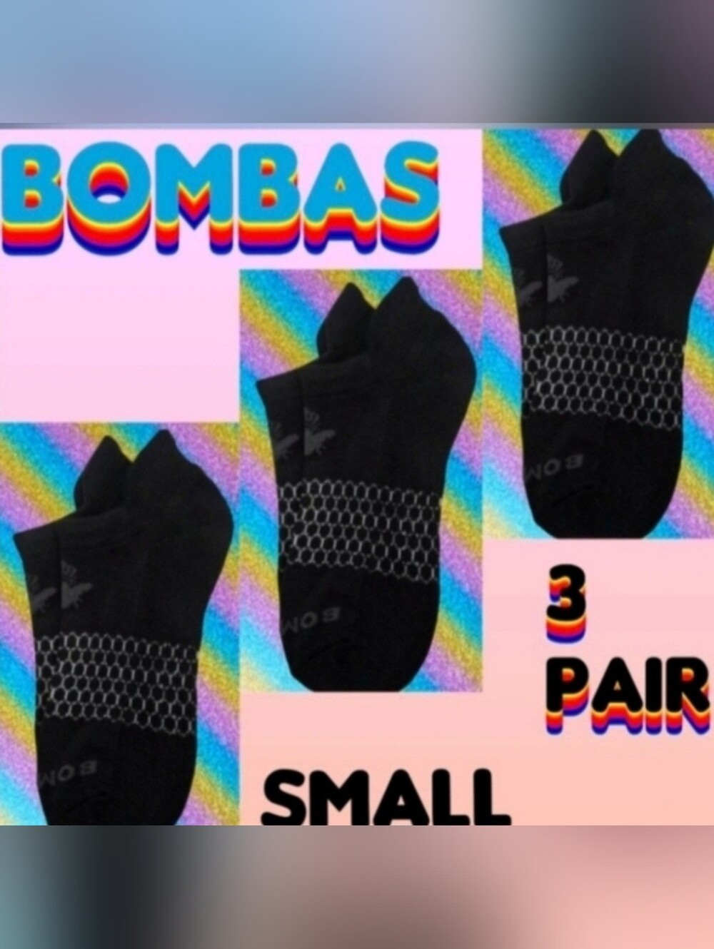 Bombas Ankle Socks Small 3 Pair Unisex Womens & Mens Honeycomb Black/Grey BNWT